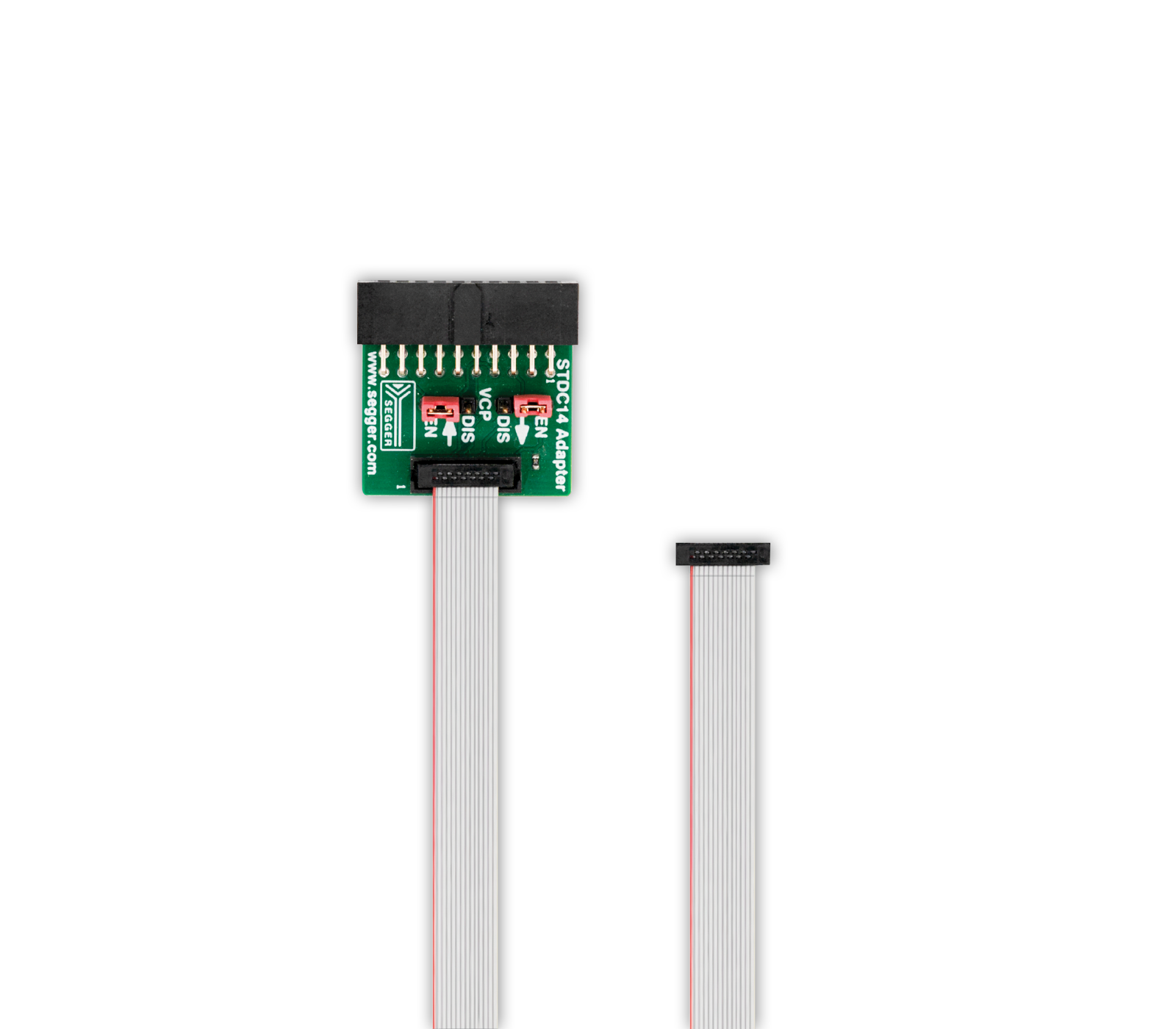 The image features a green circuit board adapter labeled "STDC14 Adapter," with several pins and switches, connected to a flat ribbon cable. The cable has multiple wires and ends in a connector, used for electronic component connections.