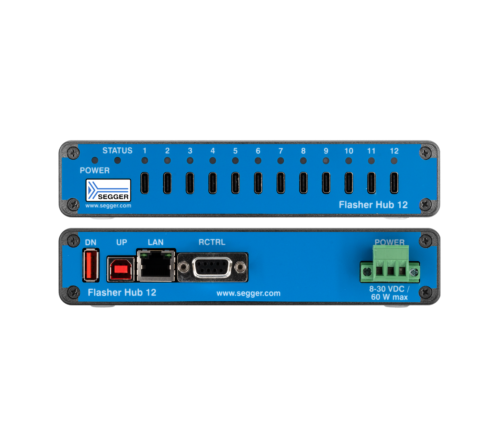 Flasher Hub-12 Image of a blue electronic device labeled "Flasher Hub 12." The front features status LEDs and multiple connection ports. The back shows additional ports for power, LAN, and control functions. The device is designed for programming or flashing multiple targets simultaneously.