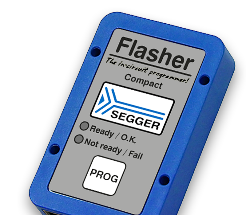 Flasher Compact A blue rectangular device labeled "Flasher" with a grey front. It features the SEGGER logo, status indicators labeled "Ready / O.K." and "Not ready / Fail," and a button marked "PROG." It is designed for in-circuit programming.