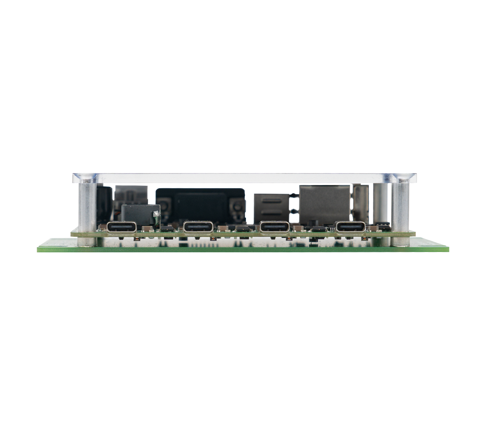 A close-up image of a circuit board featuring multiple USB-C ports and various electronic components. The board is shown from the side, highlighting its connectors and intricate design.