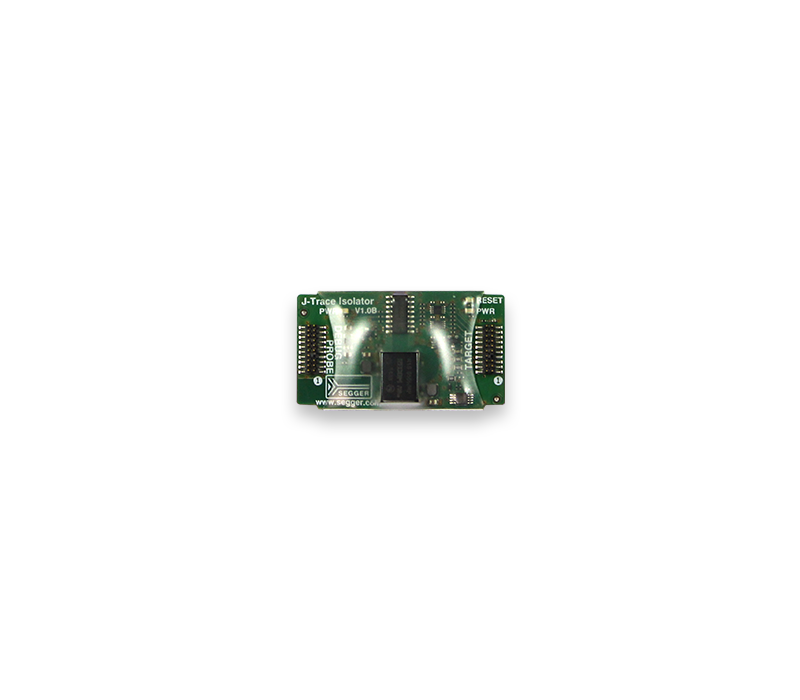 Image of a green circuit board labeled "J-Trace Isolator." It features multiple connectors and components, including a central chip. The board is designed for electronic debugging and isolation, with labeling for power and reset functions visible on the surface.