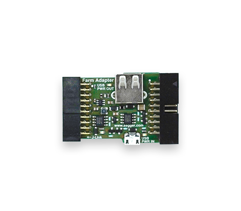 Test Farm Power Adapter A small green circuit board labeled "Farm Adapter" featuring a USB port and multiple pins. It has components and markings indicating power outputs and connections, useful for interfacing with electronics. The design facilitates communication between different hardware components.